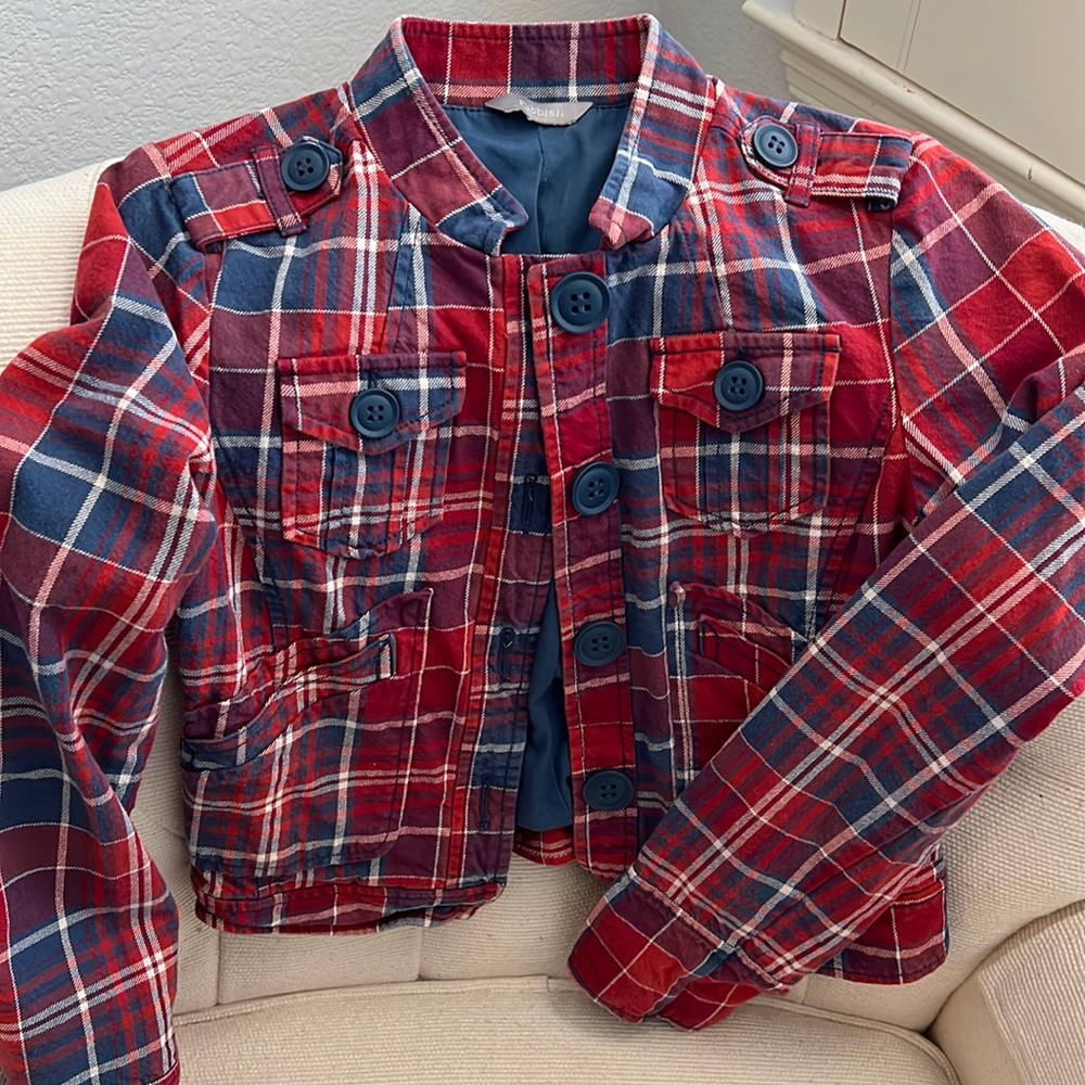 Rubbish Red Navy Plaid Button Front Crop Jacket